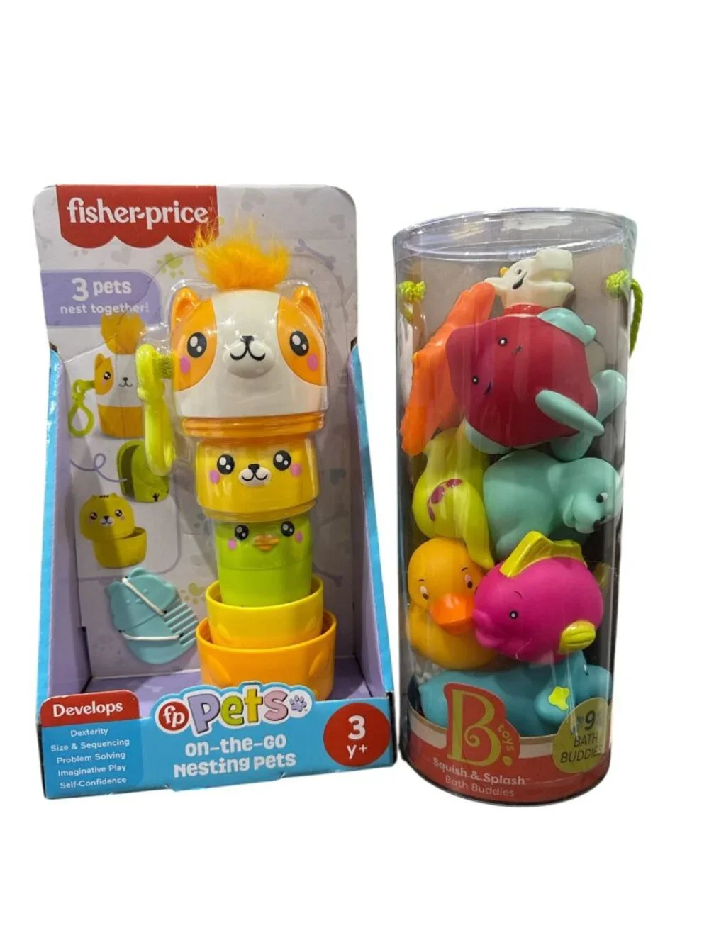 Fisher-Price & B.Toys Bundle: On-The-Go Nesting Pets + 9-Piece Squish & Splash B